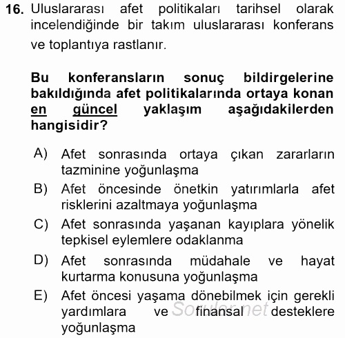 Kentler, Planlama ve Afet Risk Yönetimi 2017 - 2018 Dönem Sonu Sınavı 16.Soru