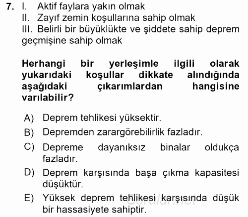 Kentler, Planlama ve Afet Risk Yönetimi 2017 - 2018 Dönem Sonu Sınavı 7.Soru