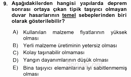 Kentler, Planlama ve Afet Risk Yönetimi 2017 - 2018 Dönem Sonu Sınavı 9.Soru