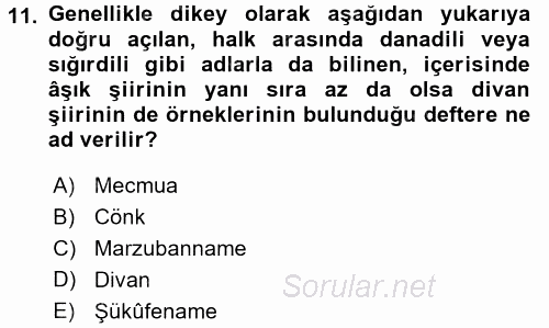 Türk Halk Şiiri 2015 - 2016 Tek Ders Sınavı 11.Soru