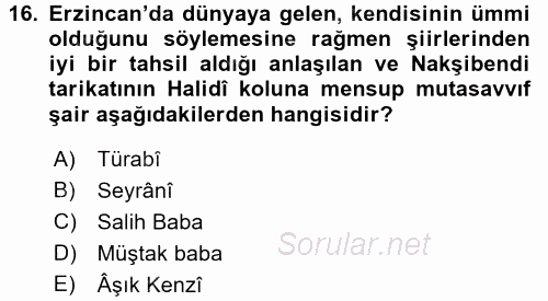 Türk Halk Şiiri 2015 - 2016 Tek Ders Sınavı 16.Soru