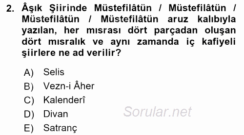 Türk Halk Şiiri 2015 - 2016 Tek Ders Sınavı 2.Soru