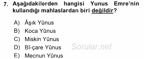 Türk Halk Şiiri 2015 - 2016 Tek Ders Sınavı 7.Soru