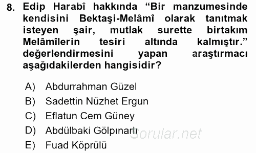 Türk Halk Şiiri 2015 - 2016 Tek Ders Sınavı 8.Soru