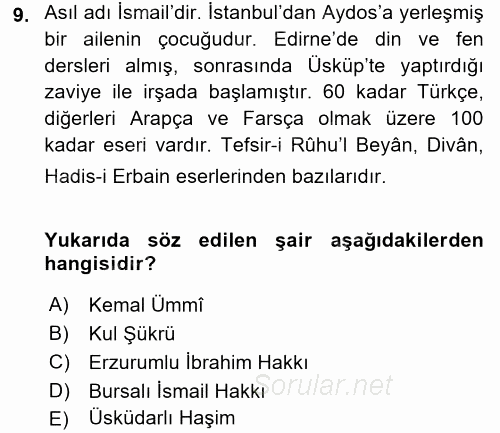 Türk Halk Şiiri 2015 - 2016 Tek Ders Sınavı 9.Soru