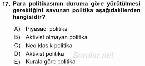 Para Politikası 2016 - 2017 3 Ders Sınavı 17.Soru