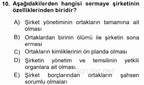 Ticaret Hukuku 1 2015 - 2016 Dönem Sonu Sınavı 10.Soru