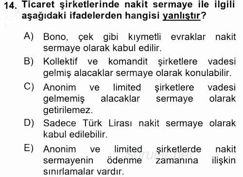 Ticaret Hukuku 1 2015 - 2016 Dönem Sonu Sınavı 14.Soru