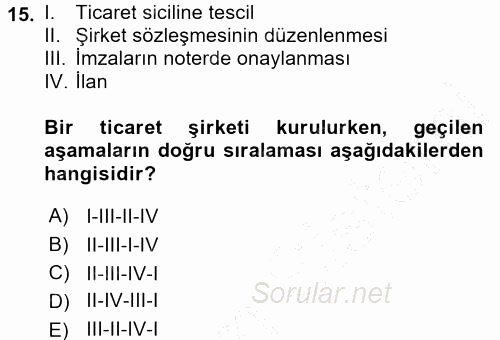 Ticaret Hukuku 1 2015 - 2016 Dönem Sonu Sınavı 15.Soru