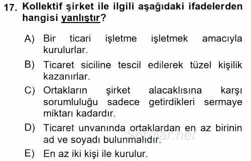 Ticaret Hukuku 1 2015 - 2016 Dönem Sonu Sınavı 17.Soru