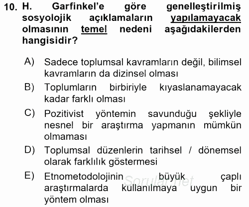 Modern Sosyoloji Tarihi 2017 - 2018 Dönem Sonu Sınavı 10.Soru