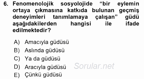 Modern Sosyoloji Tarihi 2017 - 2018 Dönem Sonu Sınavı 6.Soru