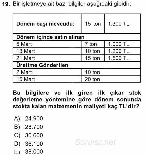 Maliyet Analizleri 2017 - 2018 Ara Sınavı 19.Soru