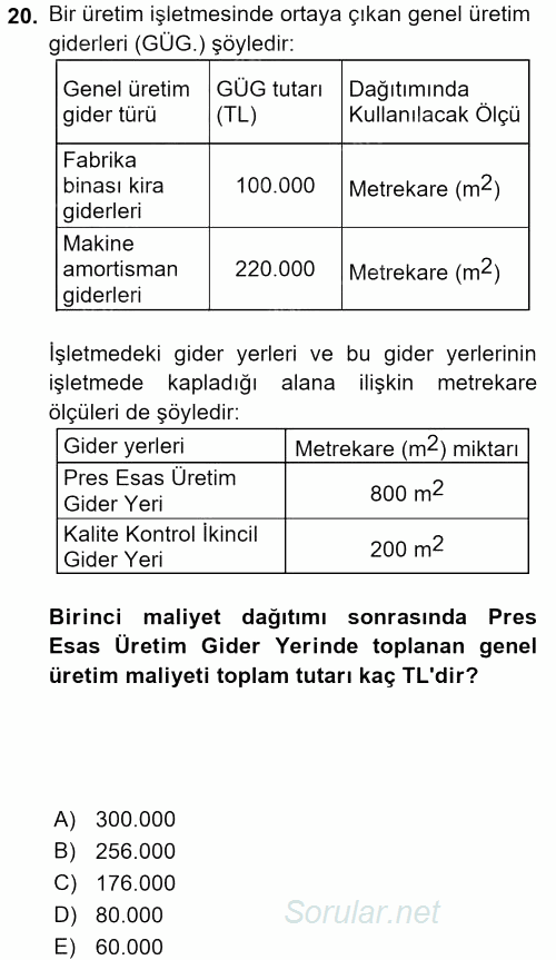 Maliyet Analizleri 2017 - 2018 Ara Sınavı 20.Soru