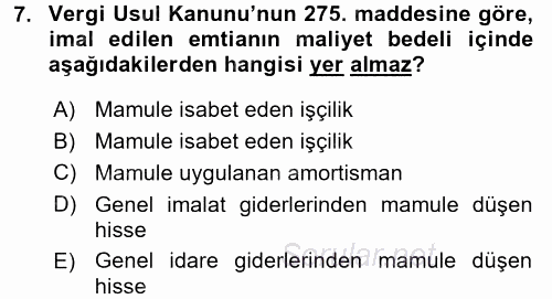 Maliyet Analizleri 2017 - 2018 Ara Sınavı 7.Soru