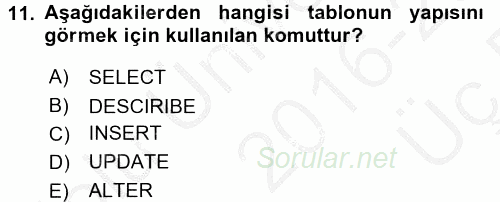 Sağlık Kurumlarında Bilgi Sistemleri 2016 - 2017 3 Ders Sınavı 11.Soru