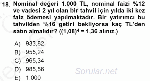 Finans Matematiği 2016 - 2017 3 Ders Sınavı 18.Soru