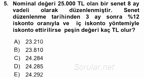 Finans Matematiği 2016 - 2017 3 Ders Sınavı 5.Soru