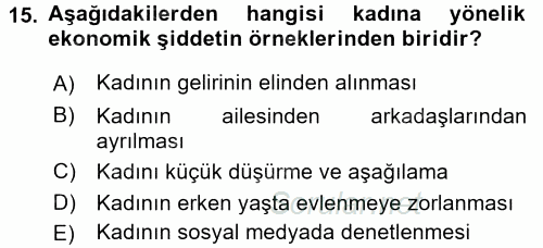 Toplumsal Cinsiyet Çalışmaları 2017 - 2018 Dönem Sonu Sınavı 15.Soru