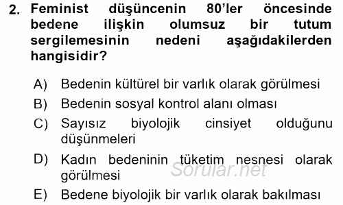 Toplumsal Cinsiyet Çalışmaları 2017 - 2018 Dönem Sonu Sınavı 2.Soru