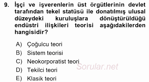 Endüstri İlişkileri 2015 - 2016 Ara Sınavı 9.Soru