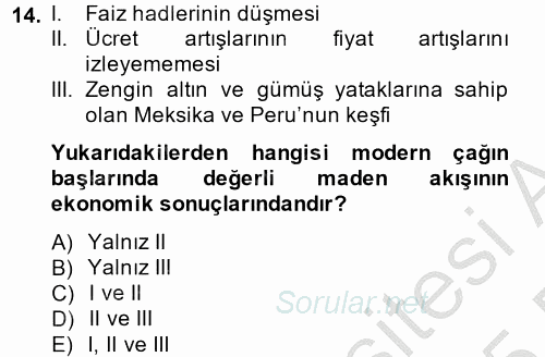 İktisat Tarihi 2014 - 2015 Ara Sınavı 14.Soru