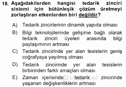 Lojistik İlkeleri 2017 - 2018 Ara Sınavı 18.Soru