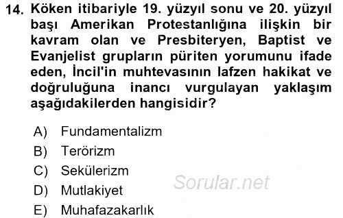 Din Sosyolojisi 2016 - 2017 3 Ders Sınavı 14.Soru