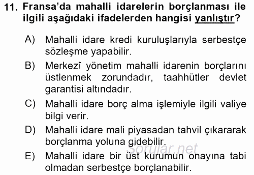 Mahalli İdareler Maliyesi 2017 - 2018 Ara Sınavı 11.Soru