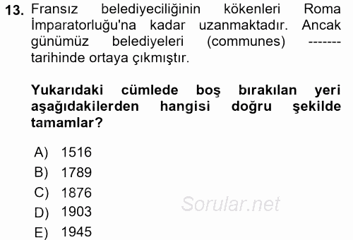 Mahalli İdareler Maliyesi 2017 - 2018 Ara Sınavı 13.Soru