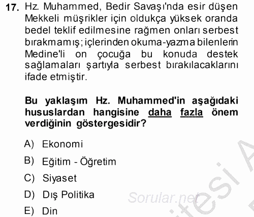 İslam Tarihi ve Medeniyeti 2 2014 - 2015 Dönem Sonu Sınavı 17.Soru