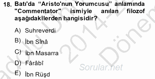İslam Tarihi ve Medeniyeti 2 2014 - 2015 Dönem Sonu Sınavı 18.Soru