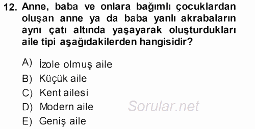 Toplumsal Yaşamda Aile 2013 - 2014 Ara Sınavı 12.Soru