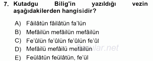 XI-XIII. Yüzyıllar Türk Dili 2017 - 2018 Ara Sınavı 7.Soru