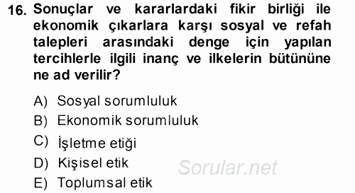 İşletme İlkeleri 2013 - 2014 Ara Sınavı 16.Soru
