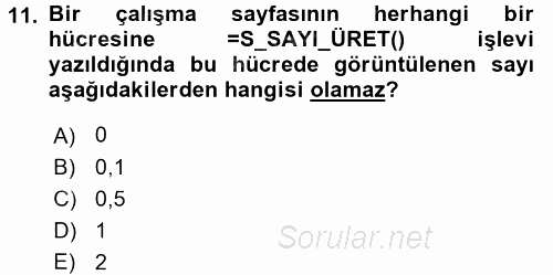 İşlem Tabloları 2017 - 2018 Dönem Sonu Sınavı 11.Soru