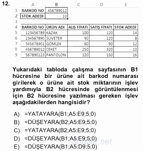İşlem Tabloları 2017 - 2018 Dönem Sonu Sınavı 12.Soru