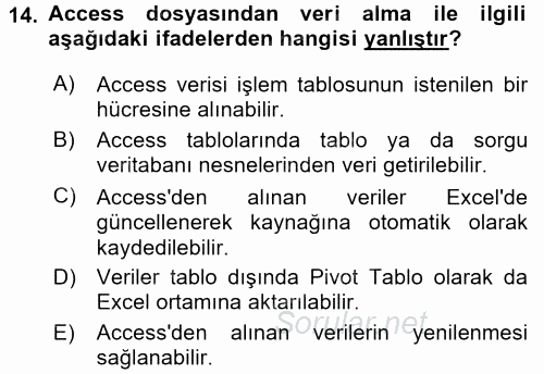 İşlem Tabloları 2017 - 2018 Dönem Sonu Sınavı 14.Soru