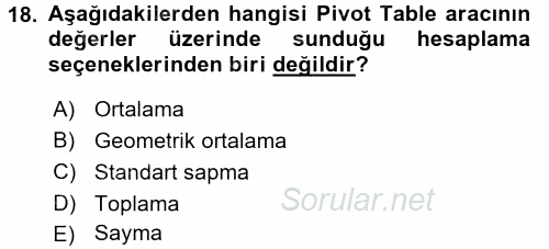 İşlem Tabloları 2017 - 2018 Dönem Sonu Sınavı 18.Soru
