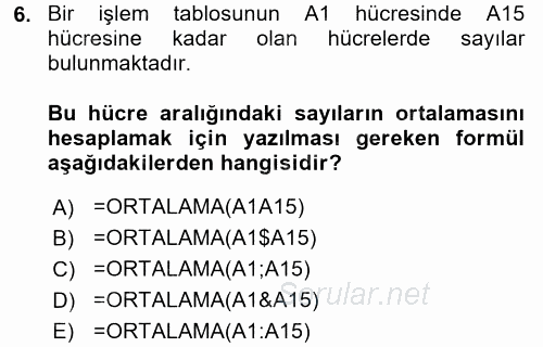 İşlem Tabloları 2017 - 2018 Dönem Sonu Sınavı 6.Soru