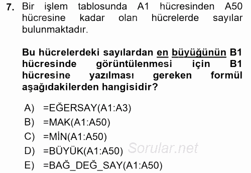 İşlem Tabloları 2017 - 2018 Dönem Sonu Sınavı 7.Soru