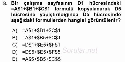 İşlem Tabloları 2017 - 2018 Dönem Sonu Sınavı 8.Soru