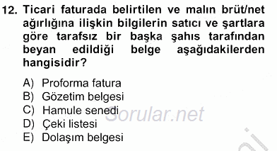 Dış Ticaret İşlemlerinin Muhasebeleştirilmesi 2013 - 2014 Ara Sınavı 12.Soru