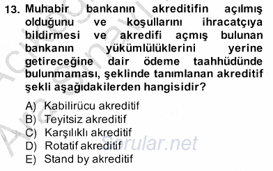 Dış Ticaret İşlemlerinin Muhasebeleştirilmesi 2013 - 2014 Ara Sınavı 13.Soru