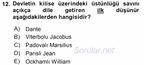 Siyasi Düşünceler Tarihi 2015 - 2016 Ara Sınavı 12.Soru