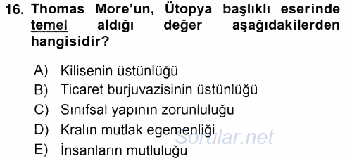 Siyasi Düşünceler Tarihi 2015 - 2016 Ara Sınavı 16.Soru