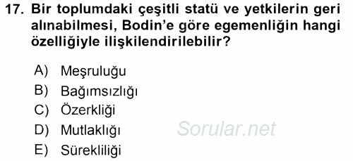 Siyasi Düşünceler Tarihi 2015 - 2016 Ara Sınavı 17.Soru