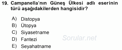 Siyasi Düşünceler Tarihi 2015 - 2016 Ara Sınavı 19.Soru