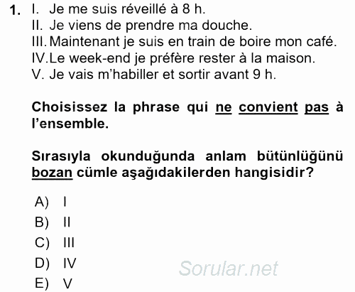 Fransızca 2 2016 - 2017 3 Ders Sınavı 1.Soru