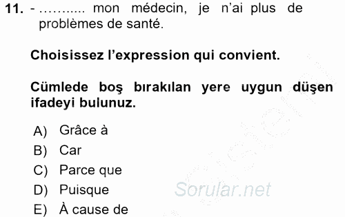 Fransızca 2 2016 - 2017 3 Ders Sınavı 11.Soru